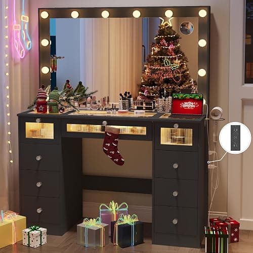 IFSEB Makeup Vanity Desk with Lights and Large 36.9’’ Mirror, 9 Drawers Vanity with Glass Top & 3 Color Hollywood Bulbs, Make Up Vanity with Charging Station & Crystal Knobs for Woman, Black - Image 1