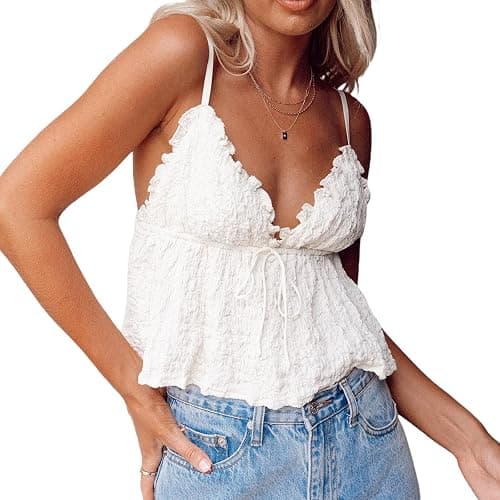 Mxiqqpltky Women Y2K Ruched Camisole Sleeveless Spaghetti Straps V Neck Cami Tops Summer Cute Bow Flowy Tank Tops Streetwear - Small - Light Beige - Image 1