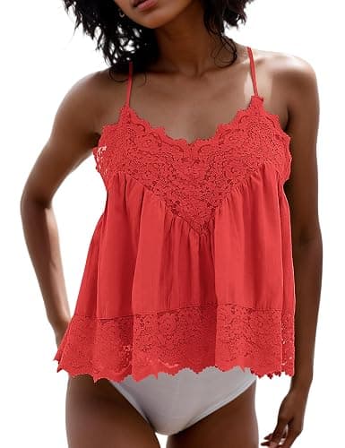 MISSACTIVER Women's Lace Trim Spaghetti Strap Cami Top Scalloped Hem Sleeveless Backless V Neck Racerback Flowy Tank Camisole - Image 1
