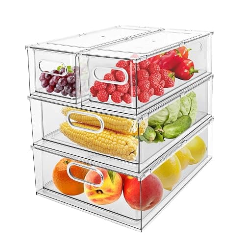 Greenby 4 Pack Refrigerator Organizer Bins with Pull-out Drawer Stackable Clear Fridge Drawer Organizer Fruit Vegetable Storage Containers for Kitchen Pantry Organization (2 Large+2 Small) - Image 1