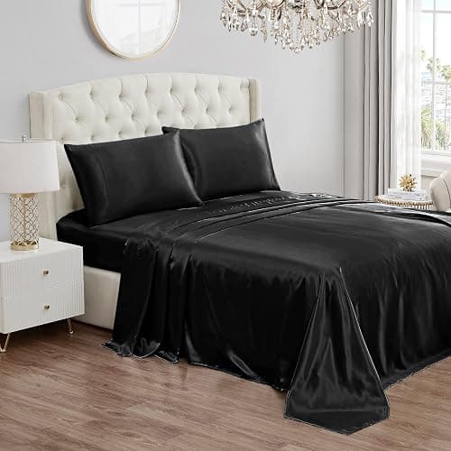 Juicy Couture Queen Size Satin Bed Sheet Set, Deep Pocket Silky Queen Sheet Set with 1 Fitted Sheet, 1 Flat Sheet and 2 Pillow Case, Wrinkle Resistant and Anti Pilling Bed Sheets - Black - Image 1