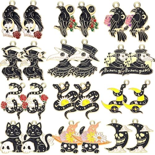 Sasylvia 48 Pcs Halloween Charms for Jewelry Making Black Gothic Charms Include 12 Style Crow Skull Snake Cat Moon for Halloween Party Decoration Gifts DIY Art Craft - Image 1