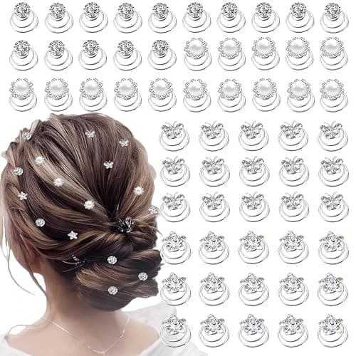 60 PCS 4 Shapes Gems Rhinestone Twister Hair Studs Set Diamond Spiral Pearl Flower Jewels Hair Pins Sticks for Wedding, Bridal, Prom, Party and Special Occasion, Butterfly - Image 1