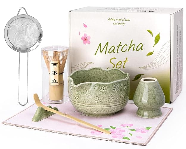 ALBISS Matcha Whisk Set, 7Pcs Ceramic Matcha Kit with Cherry Blossom Design | 18oz Spout Bowl, Bamboo Whisk & Holder, Scoop, Rest, Sifter, Towel, Elegant Japanese Tea Gift Set for Macha Lover, Green - Image 1