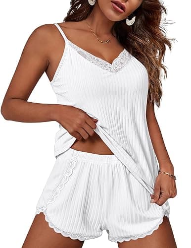 Ekouaer Womens Pajama Sets Soft Lingerie Sleepwear 2 Piece Cami Shorts Set V Neck Pj Lace Nightwear - Image 1