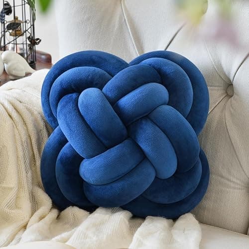 Xuyier Knot Pillow Ball, Decorative Throw Pillows with Velvet Fabric for Couch Bed, 12" Decor Knotted Square Floor Pillow Cushions for Living Room (12 Inches, Navy Blue) - Image 1