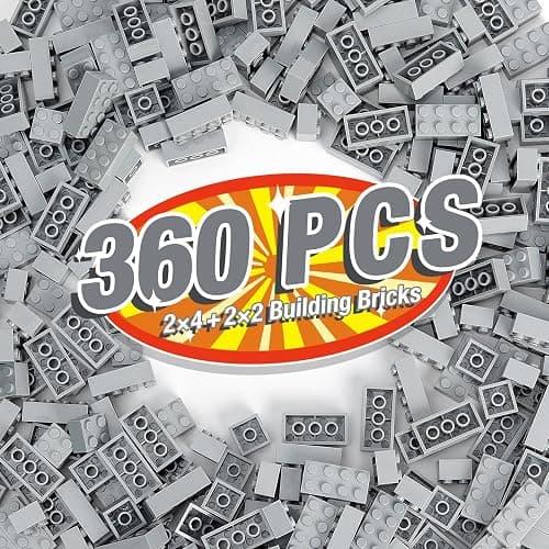 MANNIDOO 360 Pieces Building Bricks, Classic Basic Flats Parts and Pieces - 2x4 Brick x200 and 2x2 Brick x160, Moc Building Bulks Compatible with All Major Brands, Light Grey - Image 1