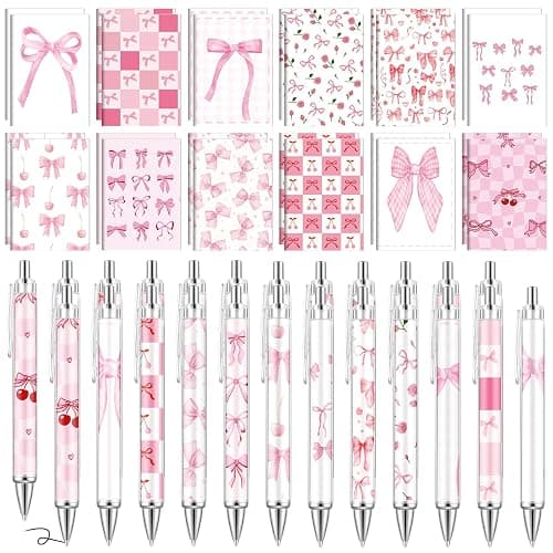 Eaasty 48 Pcs Mini Pink Bow Notebooks and Coquette Ballpoint Pen Set Pink Aesthetic Pocket Spiral Notepad Small Journal with Bow Pens for Party Favor Cute Office Supplies, 12 Styles - Image 1