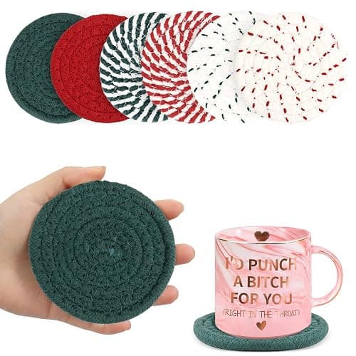 Puluole Red Coasters Set of 6,Green Coaster for Drinks,Woven Coaster for Office Home Decor,Holiday Coasters for Valentines Day Gifts,House Warming Gifts New Home - Image 1