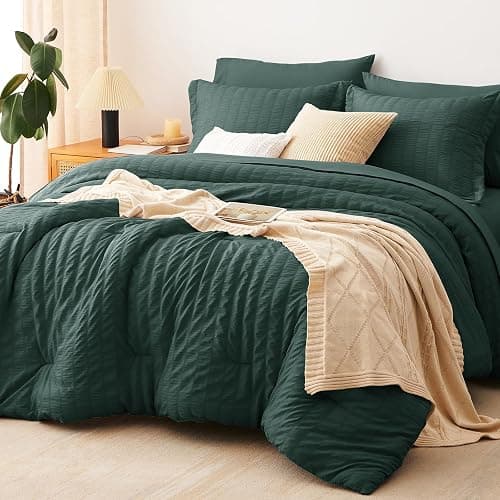 CozyLux Full Comforter Sets, 7 Pieces Forest Green Seersucker Bed in a Bag | OEKO-TEX Certified, All Season Bedding Set with 240 GSM Down Alternative Comforter, Flat & Fitted Sheets, Pillowcases & Shams - Image 1