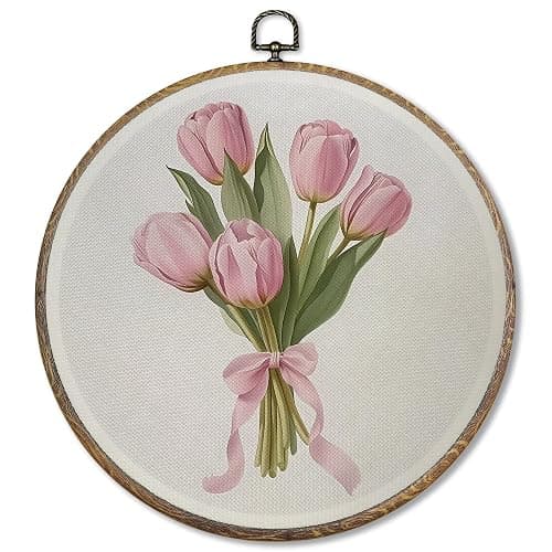 FUGWN Coquette wall decor Pink Tulip Floral Round Wall Art Decor Framed, Pink Bow Tulip Flower Bouquet Canvas Artwork Prints, Floral Wall Hanging Decorations for Girly Bedroom Room Home, 10x10 Inch - Image 1