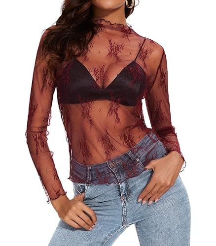 Womens Lace Mesh Long Sleeve Top Floral Sheer See Through Sexy Tops Mock Neck Shirts Party Club Night Blouses - Image 1