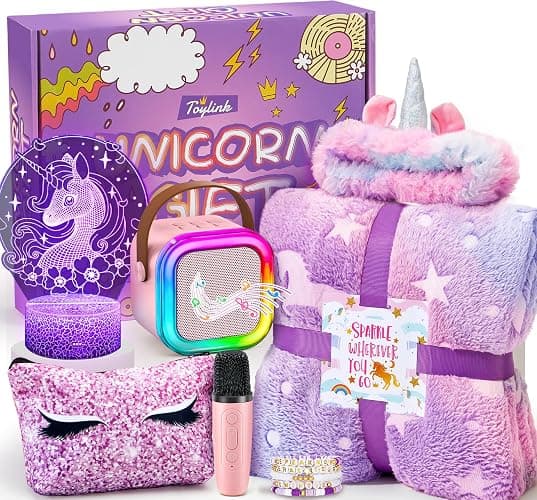 Toylink Unicorn Gifts for Girls Age 4 5 6 7 8 9 10, Kids Unicorn Toys with Mini Karaoke Machine/Glowing Blanket/Night Light/Headband/Bracelets, Birthday Graduation Gifts for Daughter Niece - Image 1