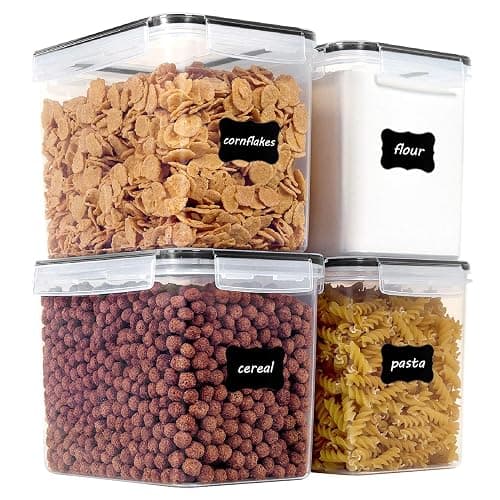 Vtopmart Food Storage Containers 3.3 quart / 3.6L, 4 Pieces BPA Free Plastic Airtight Canister for Flour, Sugar, Baking Supplies, with 4 Measuring Cups and 24 Labels,Black - Image 1