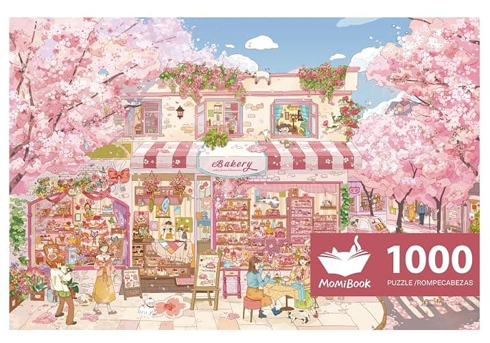 MOMIBOOK 1000 Piece Puzzle for Adults Jigsaw Puzzles of Streets Full of Cherry Blossoms, Painting Image Flower Street Difficult Challenging Hard Impossible Puzzle Unique Christmas Birthday Gifts - Image 1