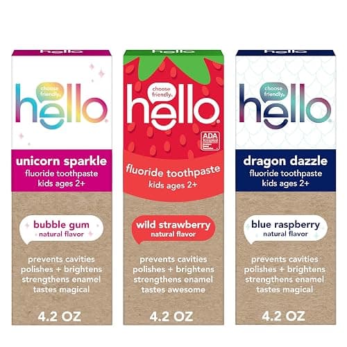 hello Kids Fluoride Toothpaste Variety Pack, 3 Pack, 4.2 oz | Bubble Gum, Strawberry, and Blue Raspberry Flavors, Safe for Kids Ages 2 and Up, Prevents Cavities, Polishes, and Brightens - Image 1