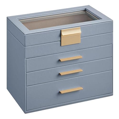 SONGMICS Jewelry Box Organizer with Glass Lid, 4-Layer Jewelry Storage, with 3 Drawers, Modern Style, 6 x 9.9 x 8.5 Inches, Smoky Blue and Gold Color UJBC161Q01 - Image 1