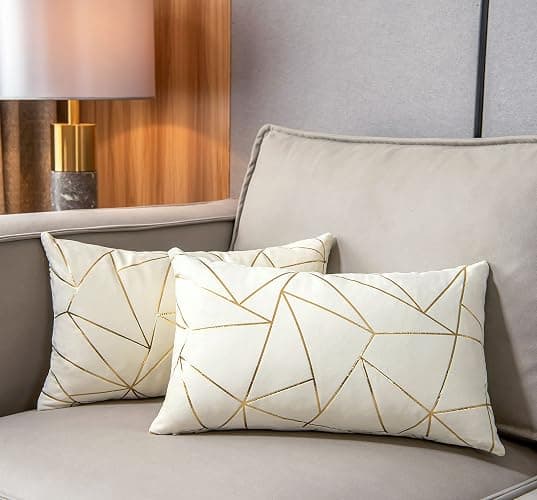 YONGLIU Pack of 2 Velvet Lumbar Throw Pillow Covers Velvet Decorative Soft Gold Foil Geometric Pattern Cute Cushion Case for Modern Homes Sofa Couch Bedroom Living Room Car (White and Gold, 12“X20”) - Image 1