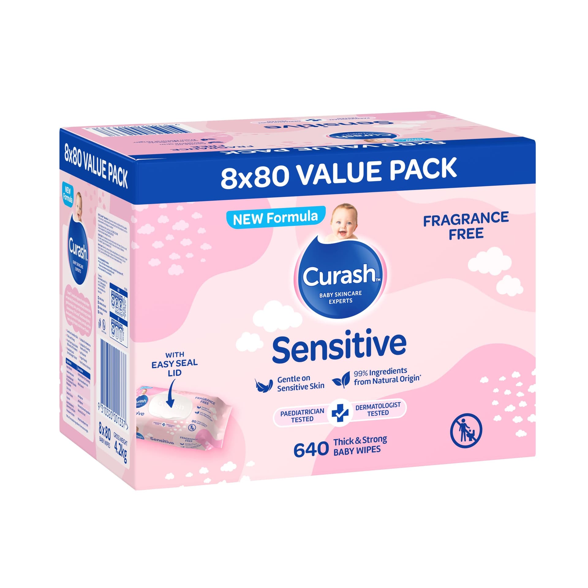 New Formula Curash Fragrance Free Baby Wipes, 8x80 Pack, For Sensitive Skin, Suitable for Newborns, Thick & Soft Texture, No Soap, Alcohol Or Parabens, Everyday Cleansing And Nappy Changes, 640 Wipes (packaging may vary) - Image 1