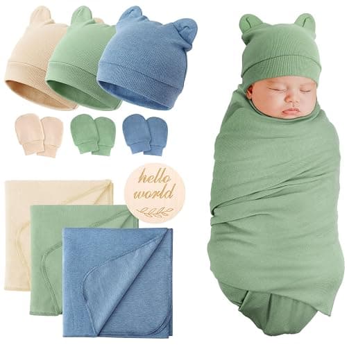 DRESHOW BQUBO 3 Sets Cotton Baby Swaddle Blankets Swaddling Wrap with Hats Mittens Newborn Soft Silky Nursery Receiving Blanket Cute Bear Ears Hat Elastic Gloves Set for Unisex Baby 0-3 Months - Image 1