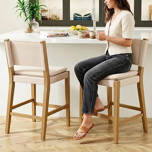 AllForWood Jayden Premium Solid Wood Mid-Century Upholstered Counter Stools 24", Set of 2, Solid Rubberwood Legs, Natural Flax, Modern Light Brown Finish for Kitchen Island, Dining Room, Home Bar - Image 1