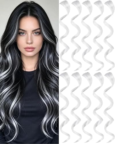 10 PCS White Hair Extensions Clip in, Curly Wavy Hair Accessories for Women | Olldag 17 Inches Synthetic Hairpieces for Kids Girls Cosplay Gifts, Rainbow Neon Highlights for Parties and Daily Styling - Image 1