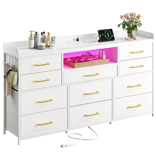 EnHomee LED Dresser for Bedroom with Charging Station,11 Drawers & 4 Hooks | Dresser TV Stand for 50 55 60 inch TVs for Living room,Storage Chests of Drawers with 2 Wood Shelve,White PU Leather - Image 1