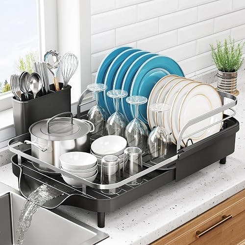 Dish Drying Rack, Expandable Dish Rack for Kitchen Counter, Stainless Steel Dish Drainer with Drainboard Set and Utensil Holder (Black) - Black - Image 1
