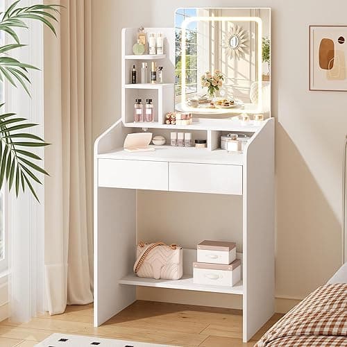 LIVELYGLOW Small Makeup Vanity Desk with Lighted Mirror, White, 23.62" W x 15.74" D x 53.93" H (Smart LED Mirror, Open Shelves, 2 Drawers) - Image 1