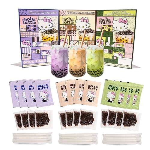 Hello Kitty Instant Boba Milk Tea Variety Kit, Brown Sugar, Taro, Match Flavor, with Taiwan Tapioca Pearls, Paper Straws Included (12 Servings) - Image 1