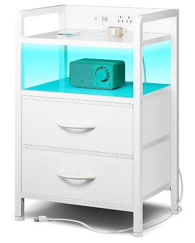 Lazzanto Night Stand Bedside Table Bedroom - White Nightstand with Charging Station & LED Light Strip, Morden Bed Side End Table with Storage Shelf & 2 Fabric Drawers, U-S-B Ports & AC Outlets - Image 1
