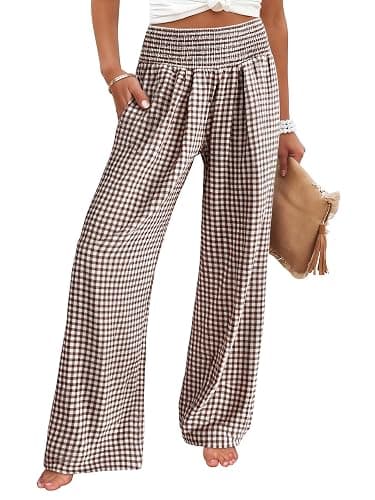 ANRABESS Womens Striped Gingham Palazzo Pants | Wide Leg Smocked High Waisted Pajama Pants, Lounge & Casual, Summer Fall Cute Pants with Pockets - Image 1