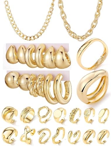 IFKM 36 PC Gold Plated Jewelry Set with 4 Necklace, 11 Bracelet, 7 Ear Cuffs Earring, 14 Knuckle Rings for Women Girls Valentine Anniversary Birthday Friendship Gift - Image 1
