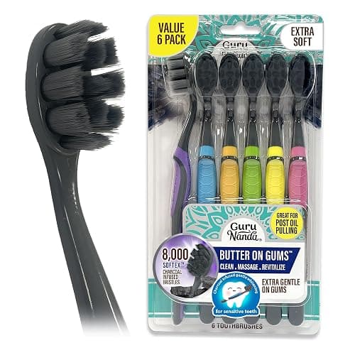 GuruNanda Butter on Gums Charcoal Toothbrush - 8000+ SoftexTM Bristles for Sensitive Teeth & Gums, Aids in Teeth Whitening, Extra Soft (6 Count) - Image 1