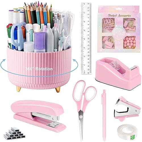 Pink Desk Accessories, Pink Office Supplies 360°Pen Holder Desk Organizers And Accessories with Tape Dispenser, Stapler, Staple Remover, 1000 Staples, Tape, Clips Set, Ruler, Scissor, Pen - Image 1