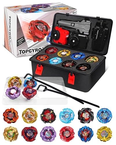 DEZAWRTY Gyro X Set, 12 Right Spinning X Blade Tops, 2 Ripcord Launchers, 1 String Launcher and 1 Grip with Storage Box, Battling Game Kids Toys Boys Birthday Gift Ideal for 6+ Years Old - Image 1
