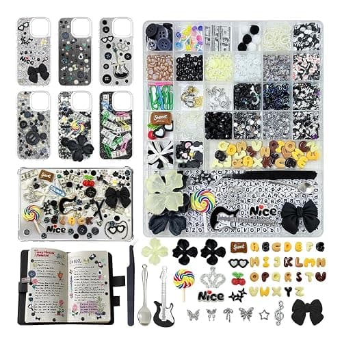 Drnytunk 2280Pcs Junk Case Charms Kit,Y2K Nail Phone Cases Charms Bow Flower Letter Resin Accessories Beads for DIY Craft Scrapbooking Jewelry Making - Black - Image 1