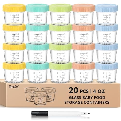 DRKIO 20 Pack Glass Baby Food Storage Containers 4 Oz Baby Food Jars with Lids Baby Food Maker Microwave Dishwasher Freezer Safe 100% Leak-Proof BPA Free - Image 1