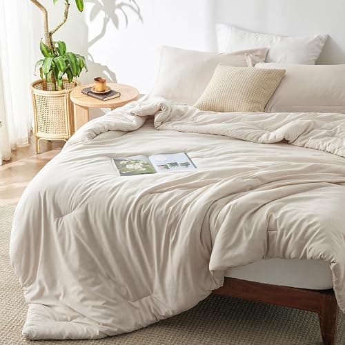 Bedsure Queen Comforter Set - Beige Soft Bedding for All Seasons, Cationic Dyed Bed Set, 3 Pieces, 1 Queen Size Comforter (90"x90") and 2 Pillow Shams (20"x26"+2") - Queen - 05 - Beige - Image 1