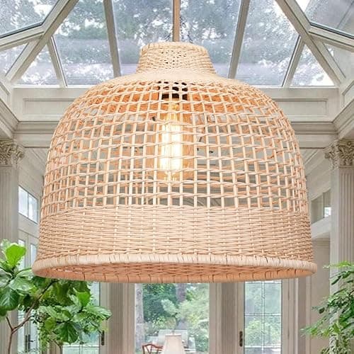 Hgrtaegs Rattan Pendant Lights, Hand-Woven Wicker Light Fixture for Kitchen Island, Natural Bamboo Hanging Ceiling Lamp with Basket Shade, Boho Farmhouse Chandelier for Living Room, 13.8 x 13.8IN - Image 1