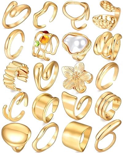 20Pcs Gold Ring Set for Women Chunky Boho Stack Flower Statement Rings Pack | Statement Midi Stackable Rings Set, Chunky Boho Flower Rings, Adjustable Suitable All Occasions, Great Gift for Women - Image 1