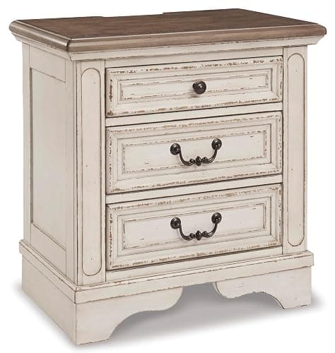 Signature Design by Ashley Realyn French Country 3 Drawer Nightstand with Electrical Outlets & USB Ports, 27.75" Tall, Chipped White - Image 1