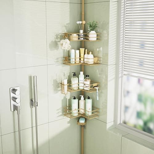 HapiRm Corner Shower Caddy Organizer - Shower Organizer Corner with Soap Holder, Toothbrush Holder and 4 Hooks, Rustproof Bathroom Shelf Tension Pole Available for 27.6 to 108.3 Inch - Gold - Image 1