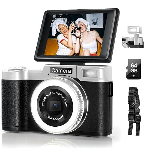 4K Digital Camera for Photography, 64MP Flip Screen Digital Camera for YouTube Vlogging, Selfies, Use with LED Light, 64GB Memory Card, Compact Design for Travel, Perfect for Teens and Beginners - Image 1