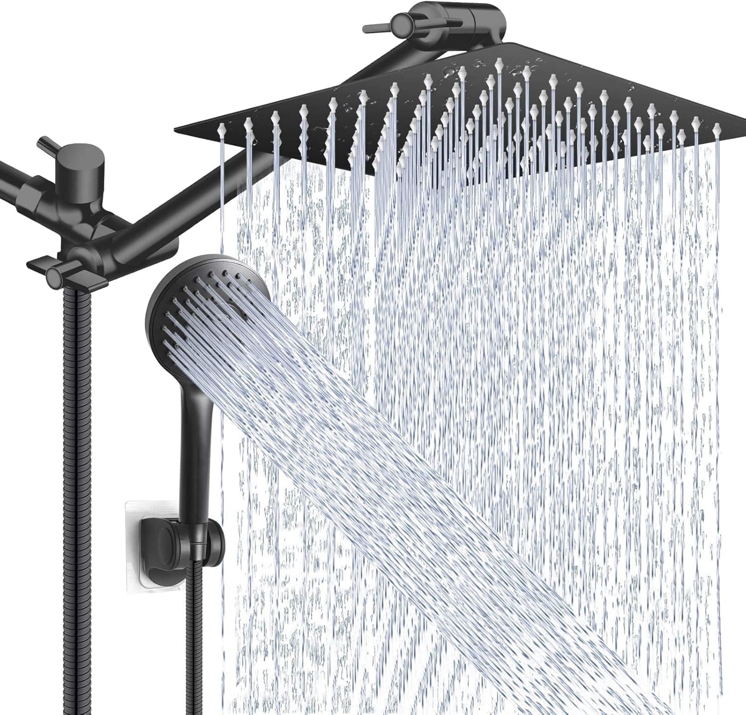 Regaderas para Baño de Lluvia de Alta Presión de 8 "/ ducha de 5 Modos Rociado mano, con brazo de extensión de 11 '', cabezal de ducha ajustable con soporte, manguera de 1,5 m (Negro) - Image 1