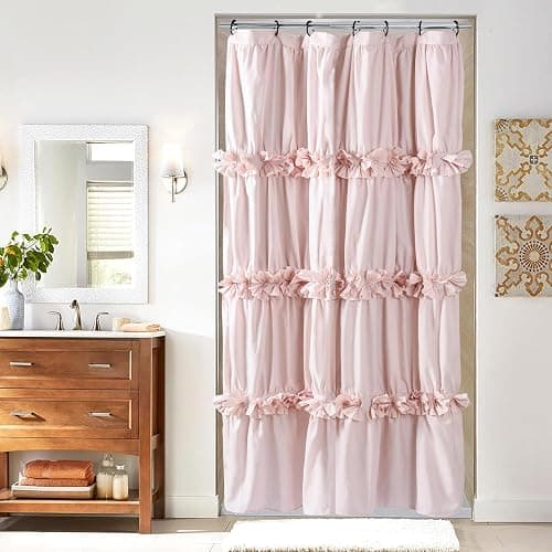 Homechoice Decor Peach Small Stall Ruffle Shower Curtain 36" W x 72" H, Vintage Handcrafted Bow Tie Bath Curtain for Master Bathroom, Ruched Microfiber Bathroom Curtain with 7 Buttonholes (LQ-10) - Peach-w - 36"W x 72"L (Pack of 1) - Image 1