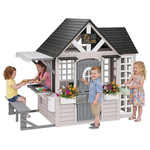 Albott Kids Outdoor Wooden Playhouse with Kitchen Playset, Backyard Cottage for Kids with Bench, Chalkboard, Pet Door, Wooden Mailbox and Flowerpot, Backyard Play House for Boys and Girls Ages 3-8 - Image 1