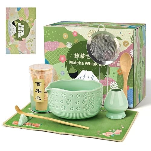 Matcha Whisk Set, 7 Pcs Matcha Making Kit with Matcha Bowl, Matcha Whisk and Holder, Bamboo Scoop, Scoop Rest, Sifter and Tea Towel,Gifts for Christmas Birthday - Image 1