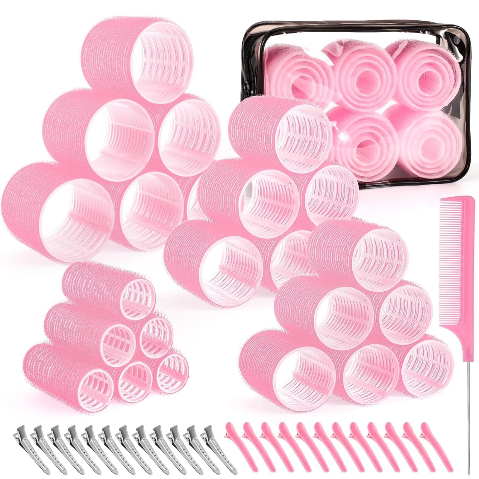 RUAKIVA 4 TamaƱos de Rizadores de Cabello,50 pzs Juego de Rizadores de Cabello Grandes,25 mm/36 mm/48 mm/60 mm,Rizadores Autosujetantes con Clip para Cabello Largo,Cabello Corto con Flequillo,Rosa - Image 1