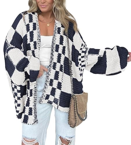 BTFBM Casual Cardigan Sweater for Women Fall 2026 Long Sleeve Open Front Chunky Knit Sweaters Checkered Outwear Coat - Image 1
